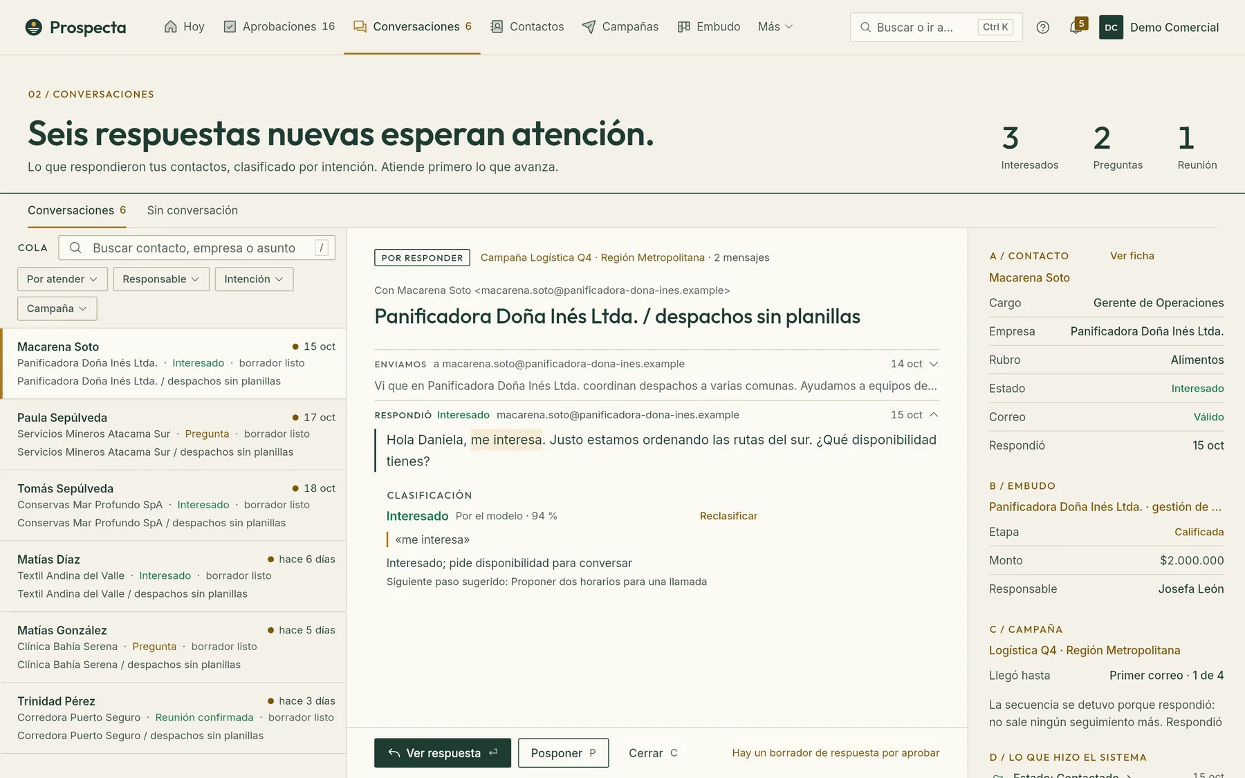 Conversación en Prospecta: la respuesta del contacto, su clasificación como interesado y la ficha del contacto