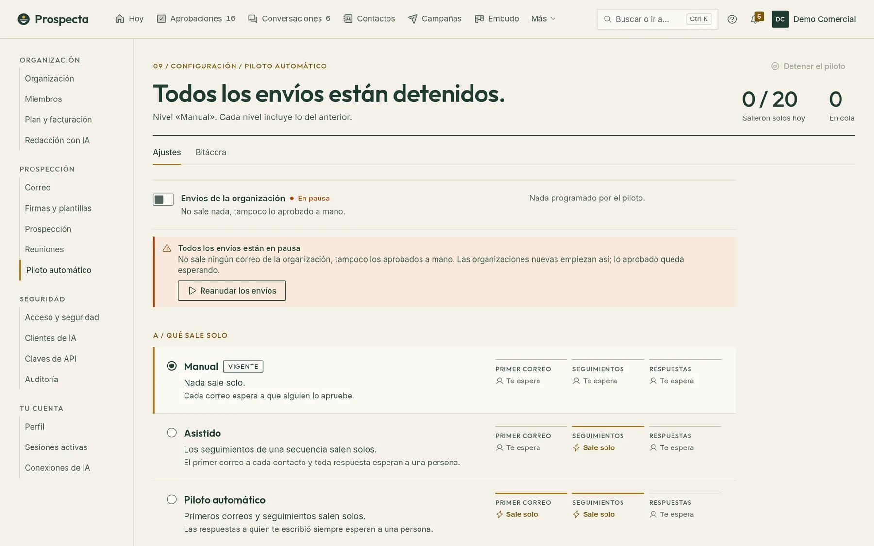 Ajustes del piloto automático de Prospecta con los niveles manual, asistido y piloto automático
